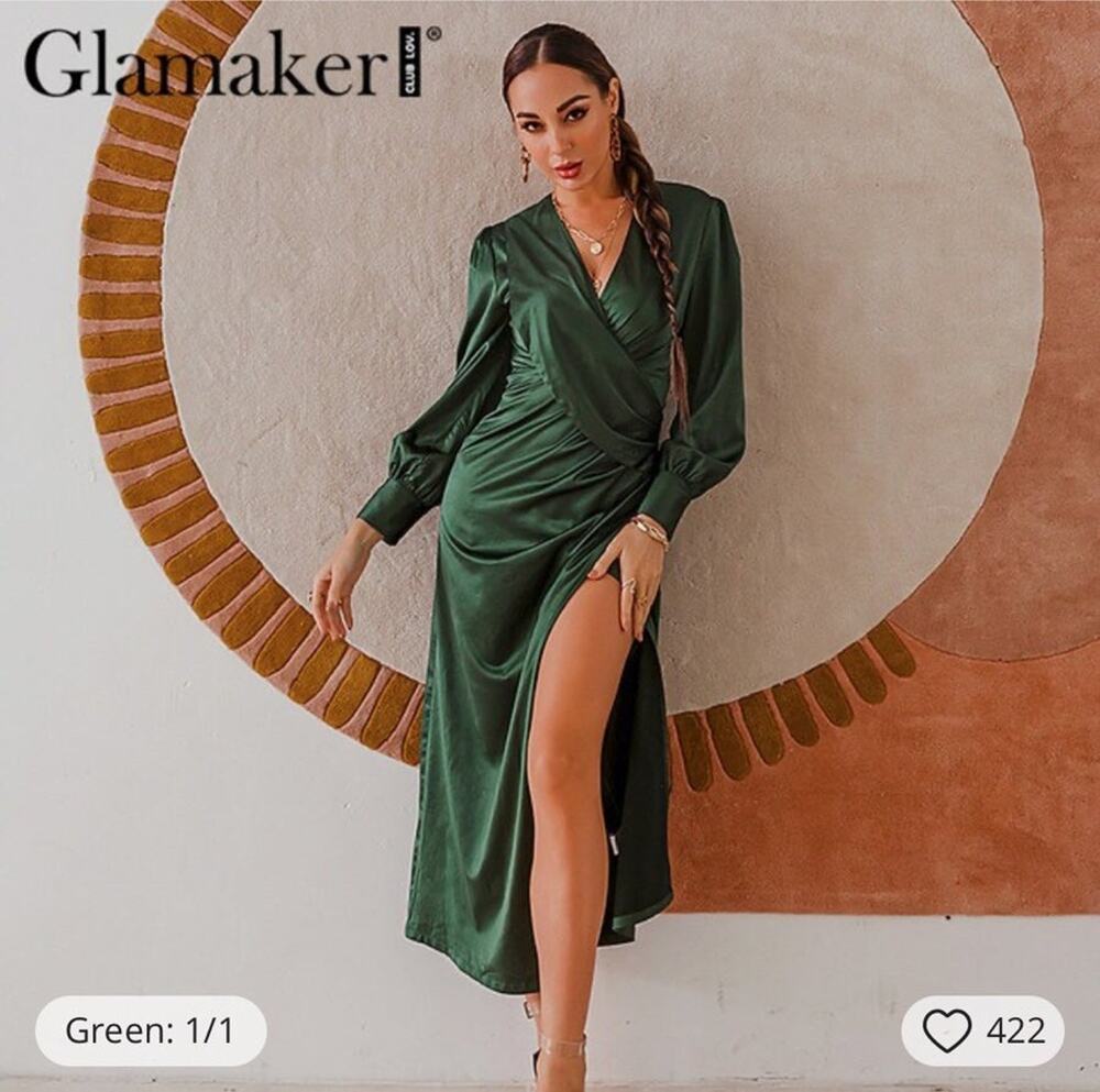 Glamarker green sexy deep V neck long side slit, long sleev dress size large